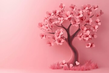 Paper Tree with Blooming Branches in Soft Pink Background