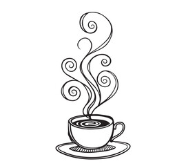 Black and white one line art icon drawing a coffee with white background