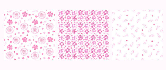 Set of Watercolor Pink Floral Patterns with Leaves and Blossoms on White Background, Delicate Seamless Designs for Fabric, Stationery, and Decorative Use

