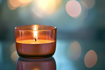 Soft, glowing candlelight surrounded by a dreamy, blurred bokeh effect, creating an intimate and peaceful atmosphere of warmth and serenity.