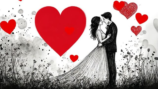 Romantic Wedding Couple Silhouette Illustration for Valentine Day Card Design