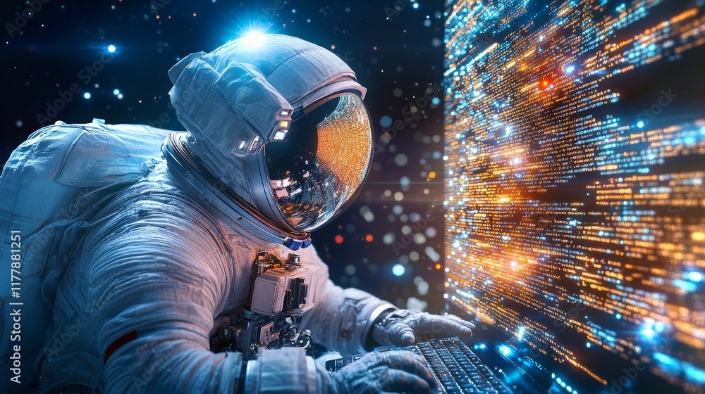 Poster astronaut observes colleague's work with data visualization in space environment