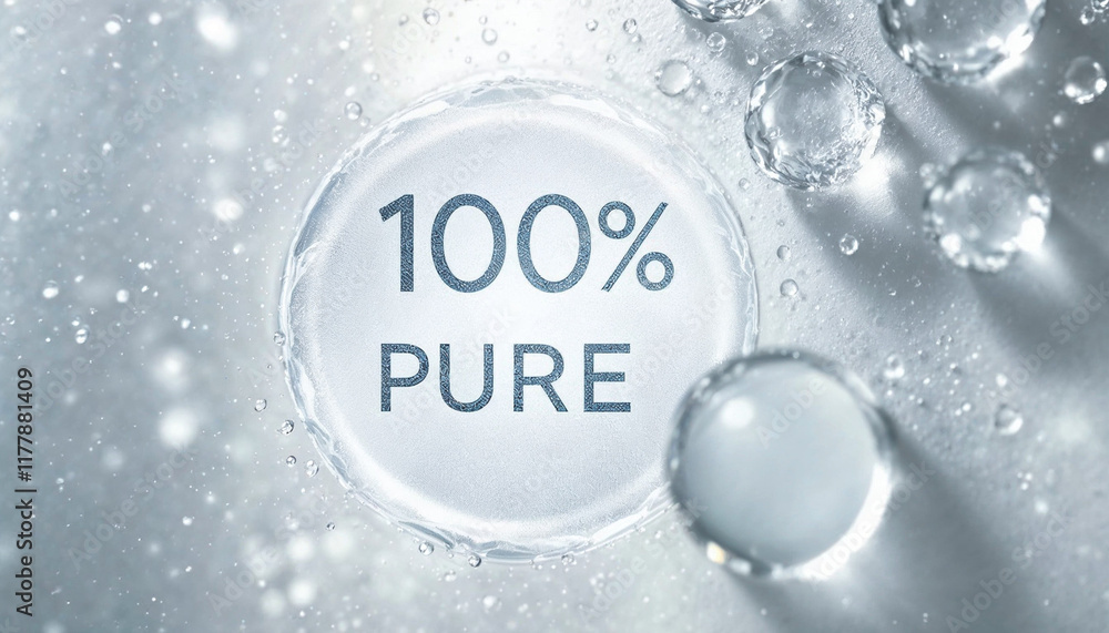 Poster clear droplets and text highlight the concept of purity in a serene, refreshing setting with water e