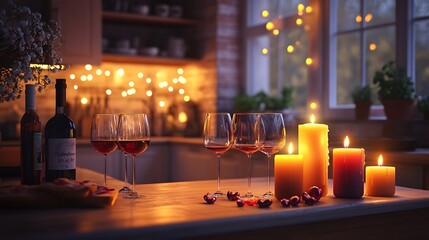 Elegant kitchen setup with wine glasses soft lighting and glowing candles for a romantic Valentine's Day