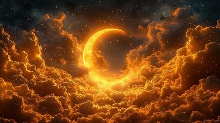 Obraz premium Crescent moon rising above fiery clouds in starry night sky.