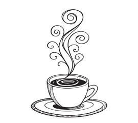 Black and white one line art icon drawing a coffee with white background