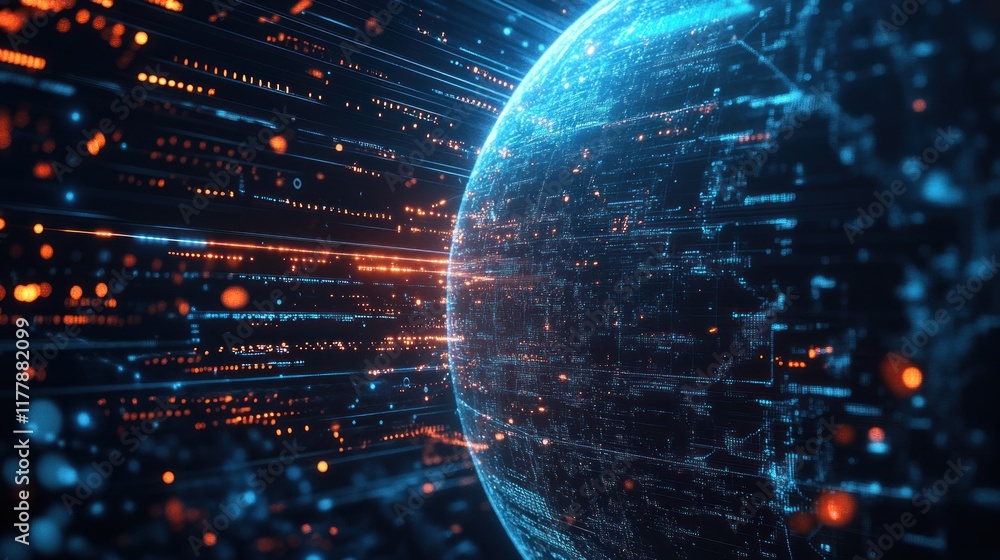 Poster digital globe network data streams futuristic technology visualization