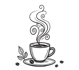 Black and white one line art icon drawing a coffee with white background