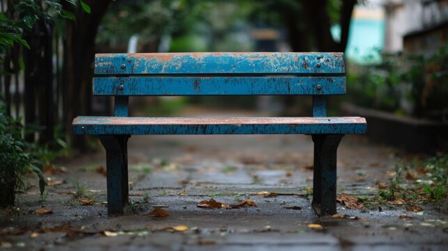 Weathered blue park bench on a damp path. - Powered by Adobe