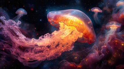 Surreal Jellyfish Drifting in a Luminous Multidimensional Underwater Realm with Geometric Patterns