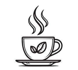 Black and white one line art icon drawing a coffee with white background
