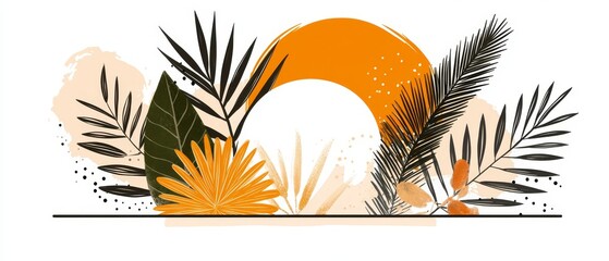 Fototapeta premium Abstract Tropical Leaves and Sun Design Orange and Green Botanical Illustration Modern Art Print