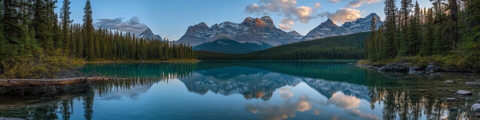 Serene mountain landscape reflecting in a calm lake, surrounded by lush forests and peaks.