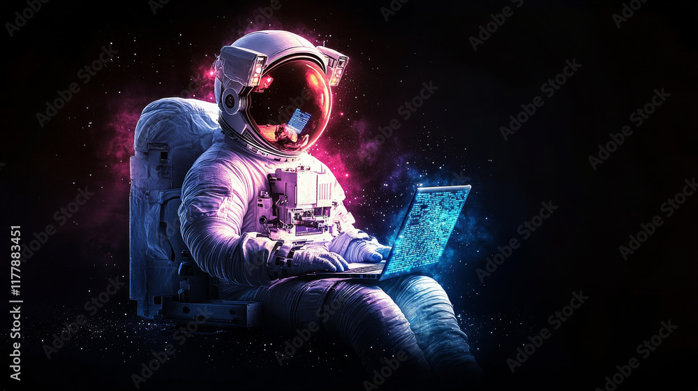 Poster astronaut engaging in online course while connected to advanced technology in space environment