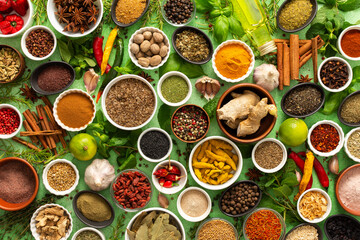 A vibrant assortment of fresh, multicolored spices and herbs on a delicate green background, perfect for cooking and culinary inspiration