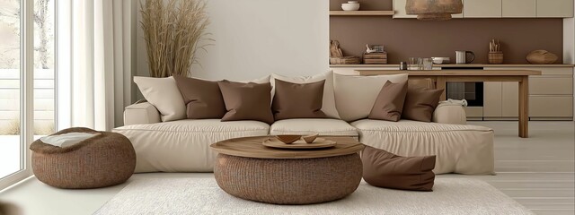 Stylish living room interior with a mocha mousse sofa. Sophisticated modern design. Spacious windows invite natural sunlight.  