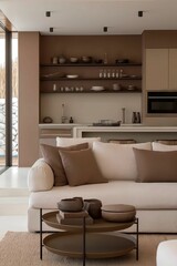 Fototapeta premium Contemporary living room featuring a sofa in the popular mocha mousse shade. Minimalistic yet inviting. Large windows provide an open feel. 