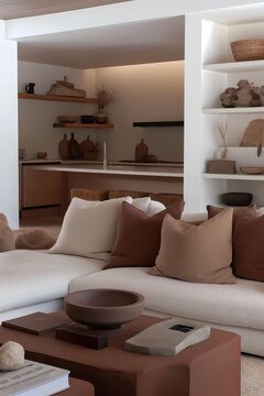 Trendy living room with a soft mocha mousse sofa. Minimalist yet cozy interior decor. Bright space enhanced by large windows.  