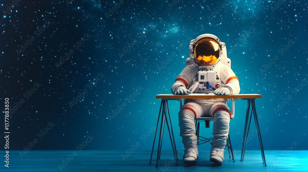 Poster astronaut seated at a support station surrounded by a starry backdrop in space environment