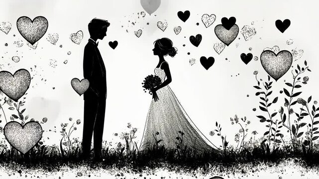 Romantic Wedding Silhouette of a Bride and Groom Under the Moon Vector Illustration