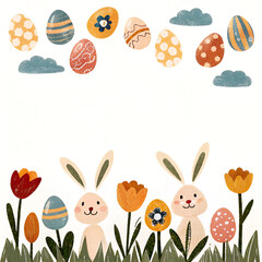 A charming collection of Easter eggs and bunnies surrounded by delicate flowers and greenery