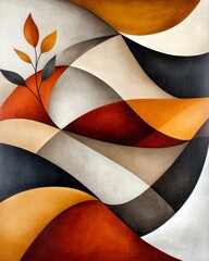 Abstract Autumnal Landscape Curving Shapes Warm Colors and Minimalist Branch
