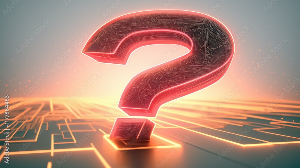 Poster illuminated neon question mark on a futuristic background