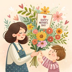 Celebrate the love of mothers with this elegant and joyful design featuring a bouquet and festive decorations