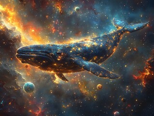 A cosmic whale swimming through a vibrant nebulous galaxy filled with glowing stars and ethereal planets rendered in an abstract digital oil painting
