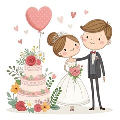 A delightful wedding-themed illustration featuring a smiling couple amidst colorful decorations, balloons, and floral arrangements