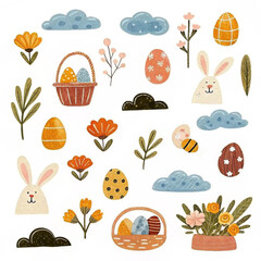 Fototapeta premium Playful hand-drawn Easter decorations with eggs, rabbits, and floral designs celebrating the joy of spring