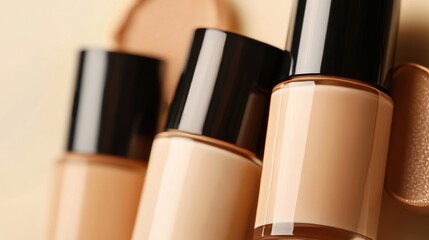 Foundation product bottle splashes in liquid foundation composition background. BB CC Cream Concealer texture. Cosmetic product swatch