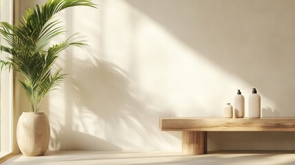 Wooden table counter, tropical tree and reeded glass partition in dappled sunlight on beige white wall for modern, luxury fashion, beauty, cosmetic, skincare, body care, product background 3D 