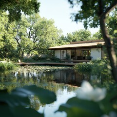 Obraz premium Tranquil reflection on a serene lake peaceful garden retreat nature outdoor calm wide angle zen atmosphere