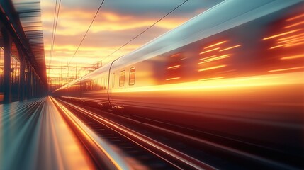 Obraz premium Modern high-speed train departing from the station at sunset, generating a striking motion blur effect, representing themes of speed, advanced technology, and the excitement of travel