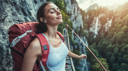 A woman is hiking up a mountain with a backpack and a white shirt