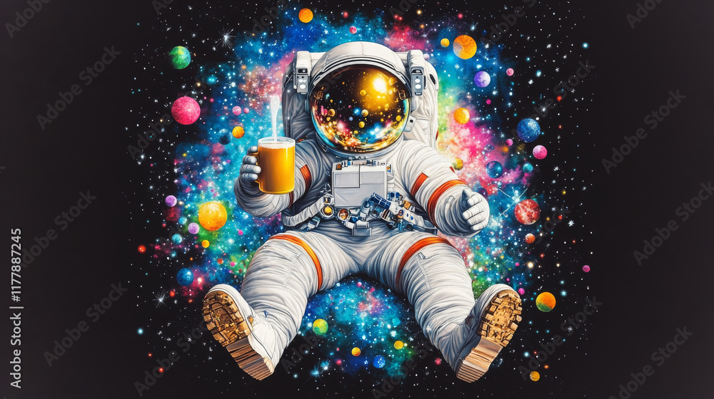 Poster astronaut enjoys cider while floating among colorful cosmic elements in deep space
