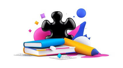 3D render of puzzle piece, books, pencil, and abstract shapes.