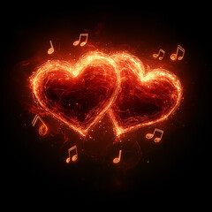 Fiery Red Hearts with Dancing Musical Notes on Dark Background