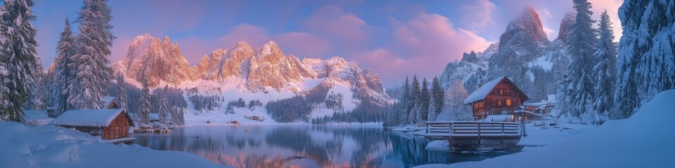 A serene winter landscape featuring a lake, mountains, and cozy cabins under a colorful sky.