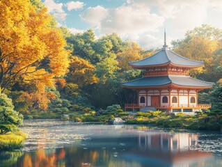 Naklejka premium Serene zen temple reflection tranquil nature setting digital artwork peaceful environment aesthetic viewpoint