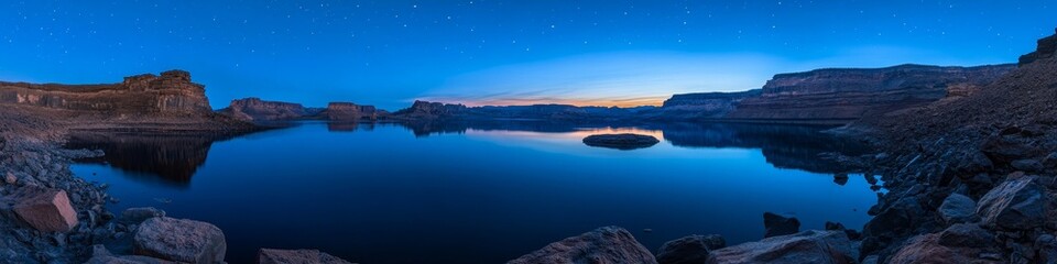 Fototapeta premium Serene twilight over a calm lake, reflecting the surrounding cliffs and starry sky.