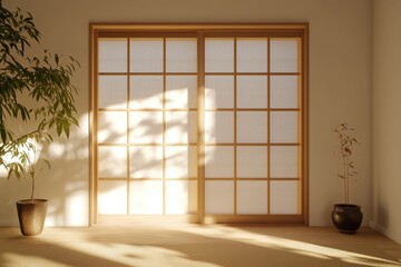 Zen atmosphere with shoji screen framed in mocha mousse tranquil room interior design natural light peaceful retreat