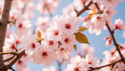 Pink cherry blossoms blooming on tree branch against clear blue sky
