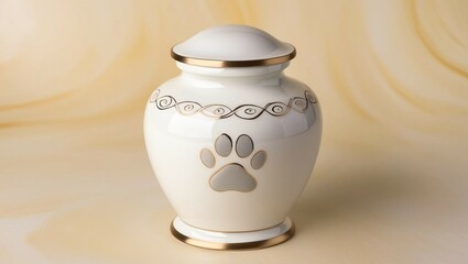 White ceramic pet cremation urn with paw print on beige background
