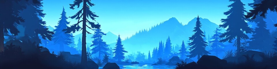 A serene blue-toned landscape featuring trees, mountains, and a calm water body.