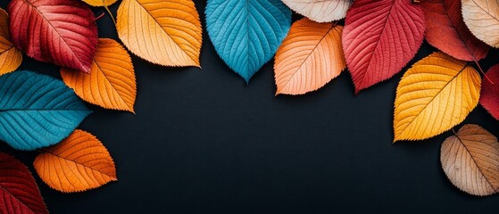 Fototapeta premium Vibrant Autumn Leaves Border on Dark Background Fall Foliage Colorful Leaves Nature Photography