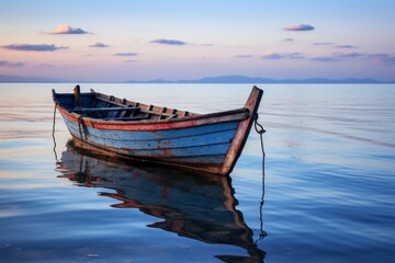 Obraz premium A serene boat gliding effortlessly on calm waters during a breathtaking sunset sky view