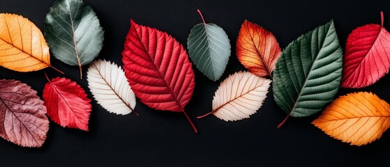 Fototapeta premium Vibrant Autumn Leaves Collection Red Orange Green and Cream Fall Foliage on Black Background