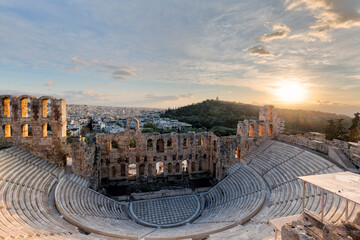 The Odeon of Herodes Atticus Roman theater structure at the Acropolis of Athens, Greece.